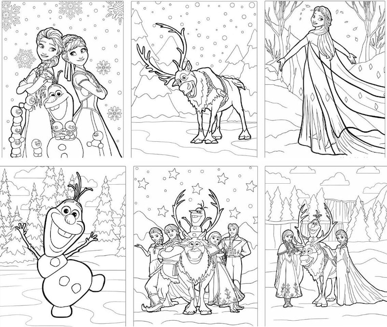 May include: A black and white coloring book page featuring characters from the movie Frozen. The page includes Elsa, Anna, Olaf, Sven, and Kristoff. The characters are drawn in a simple style, making them easy for children to color.