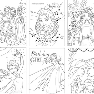 May include: A set of six coloring pages featuring characters from the animated film Frozen. The pages include images of Elsa, Anna, Olaf, and Kristoff. The pages are designed for children to color and enjoy.