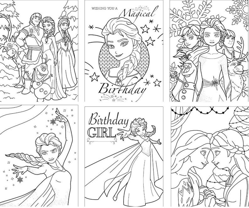 May include: A set of six coloring pages featuring characters from the animated film Frozen. The pages include images of Elsa, Anna, Olaf, and Kristoff. The pages are designed for children to color and enjoy.