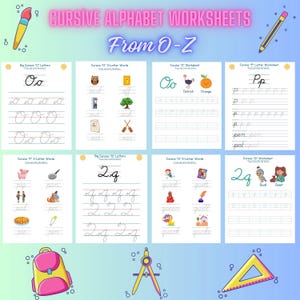 Cursive Alphabet Worksheets (From O-Z) Practice Worksheets for Kids, Printable Cursive Alphabet Letter Tracing, 120Pages of Cursive Writing