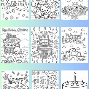 Pu&ograve; includere: Nove pagine da colorare in bianco e nero con temi di compleanno. Le pagine includono immagini di un arcobaleno, una torta, un'anatra, un gruppo di personaggi dei cartoni animati, un gruppo di dinosauri, un gruppo di personaggi Pokemon e un cane del cartone animato Paw Patrol.