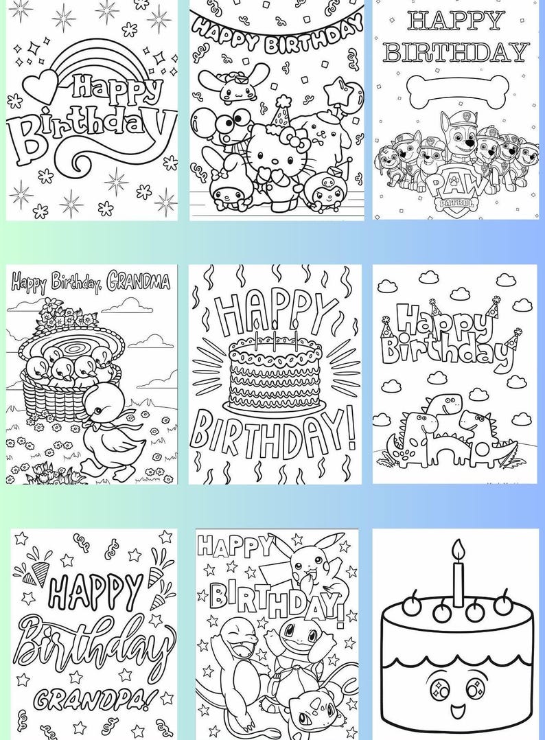 Pu&ograve; includere: Nove pagine da colorare in bianco e nero con temi di compleanno. Le pagine includono immagini di un arcobaleno, una torta, un'anatra, un gruppo di personaggi dei cartoni animati, un gruppo di dinosauri, un gruppo di personaggi Pokemon e un cane del cartone animato Paw Patrol.