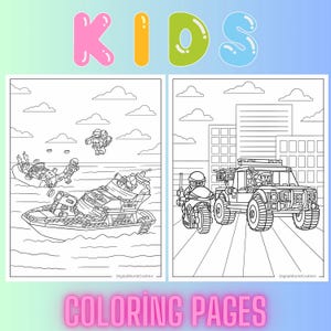May include: Two black and white coloring pages featuring Lego police vehicles. The first page shows a police boat with officers on the water. The second page shows a police truck and motorcycle driving down a city street.
