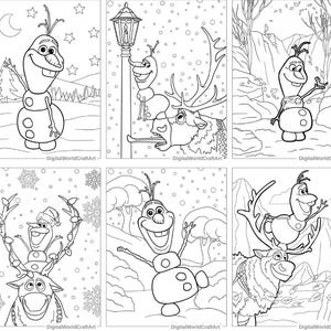May include: A set of six black and white coloring pages featuring Olaf, the snowman from the movie Frozen, in various winter scenes.  The scenes include Olaf with a reindeer, Olaf with a snowman, Olaf with a lamppost, and Olaf in a snowy forest.