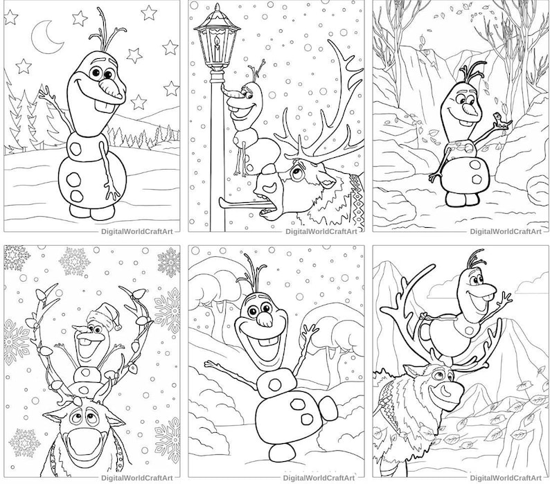 May include: A set of six black and white coloring pages featuring Olaf, the snowman from the movie Frozen, in various winter scenes.  The scenes include Olaf with a reindeer, Olaf with a snowman, Olaf with a lamppost, and Olaf in a snowy forest.