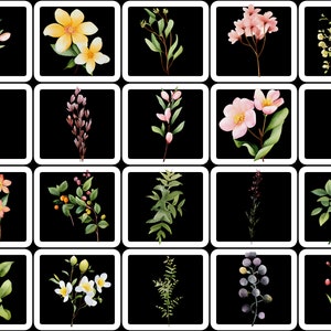 May include: A collection of watercolor floral illustrations. Each square features a different botanical element, including flowers, leaves, and berries, in various colors like pink, yellow, and green, set against a black background.