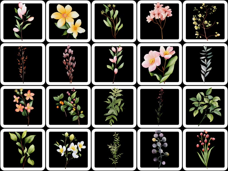 May include: A collection of watercolor floral illustrations. Each square features a different botanical element, including flowers, leaves, and berries, in various colors like pink, yellow, and green, set against a black background.