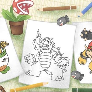 Pode incluir: Tr&ecirc;s p&aacute;ginas para colorir em preto e branco com diferentes vers&otilde;es do Bowser, um personagem da s&eacute;rie de videogames Super Mario Bros. As p&aacute;ginas s&atilde;o cercadas por l&aacute;pis, giz de cera e outros materiais de arte.