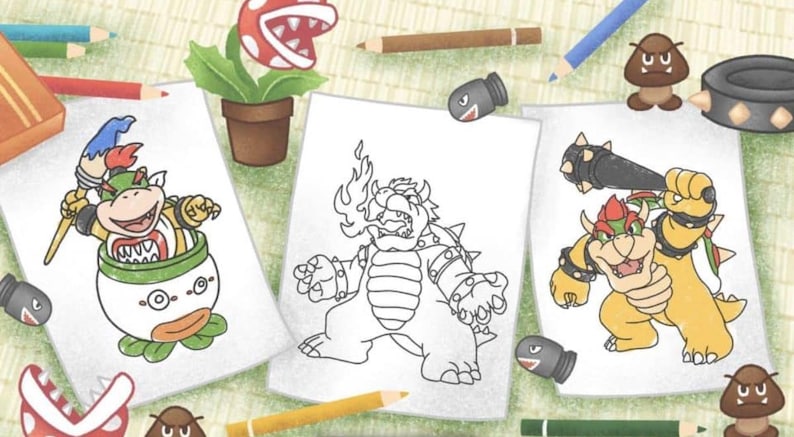 Pode incluir: Tr&ecirc;s p&aacute;ginas para colorir em preto e branco com diferentes vers&otilde;es do Bowser, um personagem da s&eacute;rie de videogames Super Mario Bros. As p&aacute;ginas s&atilde;o cercadas por l&aacute;pis, giz de cera e outros materiais de arte.