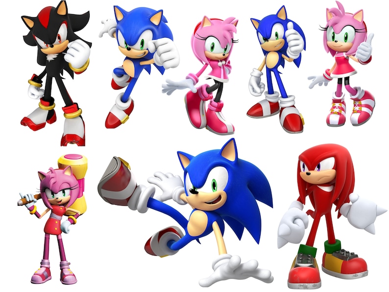 May include: A group of eight cartoon characters from the Sonic the Hedgehog video game franchise. The characters are posed in various action poses. The characters include Sonic the Hedgehog, Shadow the Hedgehog, Amy Rose, Knuckles the Echidna, and a few others.