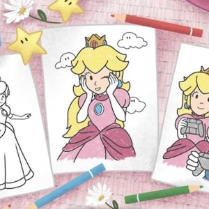 Pode incluir: Tr&ecirc;s p&aacute;ginas para colorir com a Princesa Peach da franquia Super Mario. A primeira p&aacute;gina mostra Peach com um vestido de princesa, a segunda mostra Peach com as m&atilde;os nas bochechas, e a terceira mostra Peach e Mario segurando controles.