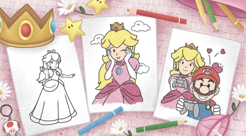 Pode incluir: Tr&ecirc;s p&aacute;ginas para colorir com a Princesa Peach da franquia Super Mario. A primeira p&aacute;gina mostra Peach com um vestido de princesa, a segunda mostra Peach com as m&atilde;os nas bochechas, e a terceira mostra Peach e Mario segurando controles.