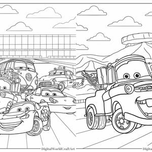 May include: A black and white line drawing of a group of cartoon cars, including a tow truck, a van, a police car, and a race car. The cars are on a road with a building in the background. The tow truck has a big smile and is pulling a chain.