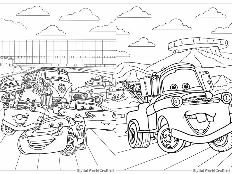 May include: A black and white line drawing of a group of cartoon cars, including a tow truck, a van, a police car, and a race car. The cars are on a road with a building in the background. The tow truck has a big smile and is pulling a chain.