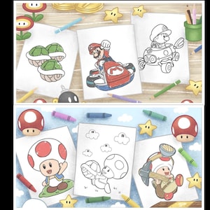 Pode incluir: Um conjunto de seis p&aacute;ginas para colorir com personagens da franquia Super Mario. As p&aacute;ginas incluem Mario em um carro de corrida, um casco de tartaruga, Toad com um martelo, Toad com um casco, Toad voando e uma nuvem.
