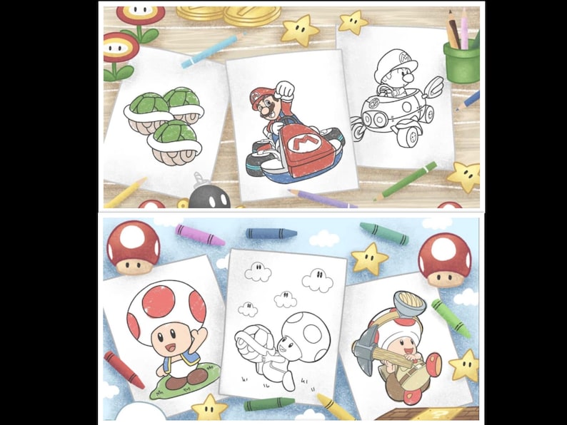 Pode incluir: Um conjunto de seis p&aacute;ginas para colorir com personagens da franquia Super Mario. As p&aacute;ginas incluem Mario em um carro de corrida, um casco de tartaruga, Toad com um martelo, Toad com um casco, Toad voando e uma nuvem.