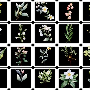 May include: A collection of watercolor botanical illustrations featuring various floral and foliage arrangements. Each design is set against a black background within a white-bordered square. The images showcase a variety of colors and textures, perfect for decorative purposes.
