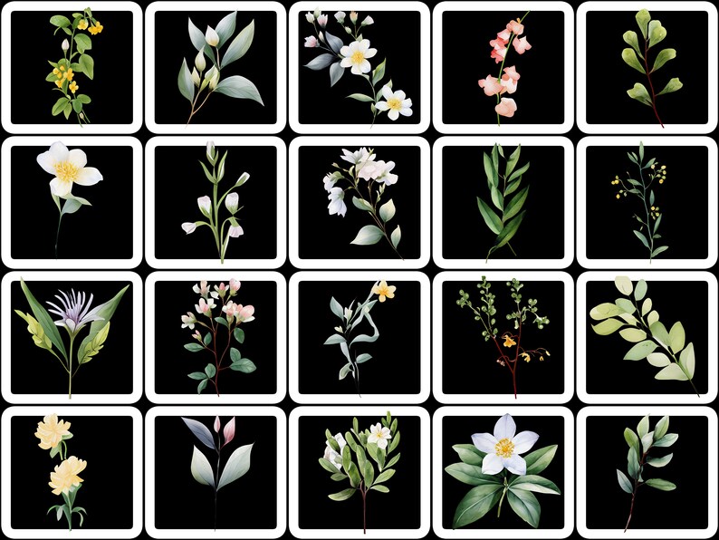 May include: A collection of watercolor botanical illustrations featuring various floral and foliage arrangements. Each design is set against a black background within a white-bordered square. The images showcase a variety of colors and textures, perfect for decorative purposes.