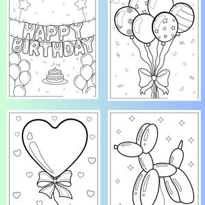Pu&ograve; includere: Quattro pagine da colorare in bianco e nero con temi di compleanno. La prima pagina ha uno striscione che dice "Buon compleanno" con palloncini e una torta. La seconda pagina ha un mazzo di palloncini legati insieme con un fiocco. La terza pagina ha un palloncino a forma di cuore con un fiocco. La quarta pagina ha un animale di palloncini a forma di cane.