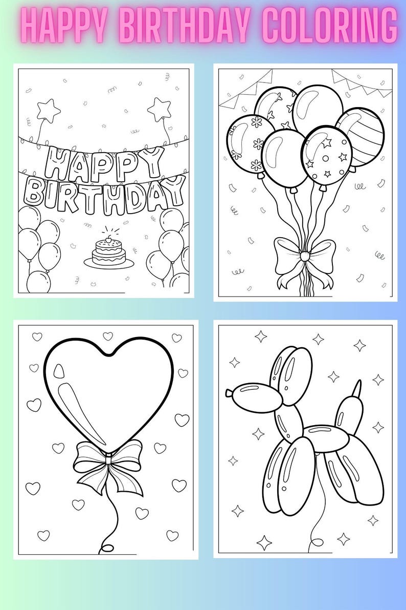 Pu&ograve; includere: Quattro pagine da colorare in bianco e nero con temi di compleanno. La prima pagina ha uno striscione che dice "Buon compleanno" con palloncini e una torta. La seconda pagina ha un mazzo di palloncini legati insieme con un fiocco. La terza pagina ha un palloncino a forma di cuore con un fiocco. La quarta pagina ha un animale di palloncini a forma di cane.