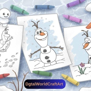 May include: Three black and white coloring pages featuring Olaf from the movie Frozen. The first page shows Olaf riding a reindeer, the second page shows Olaf standing with his arms outstretched, and the third page shows Olaf holding a flower.