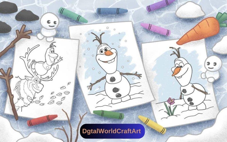 May include: Three black and white coloring pages featuring Olaf from the movie Frozen. The first page shows Olaf riding a reindeer, the second page shows Olaf standing with his arms outstretched, and the third page shows Olaf holding a flower.