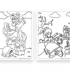 Pode incluir: Duas p&aacute;ginas para colorir em preto e branco com personagens da franquia de videogames Super Mario. A primeira p&aacute;gina mostra Mario pulando sobre uma Planta Piranha. A segunda p&aacute;gina mostra Mario e a Princesa Peach montando um Koopa Troopa.
