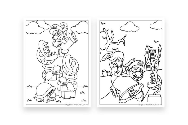 Pode incluir: Duas p&aacute;ginas para colorir em preto e branco com personagens da franquia de videogames Super Mario. A primeira p&aacute;gina mostra Mario pulando sobre uma Planta Piranha. A segunda p&aacute;gina mostra Mario e a Princesa Peach montando um Koopa Troopa.