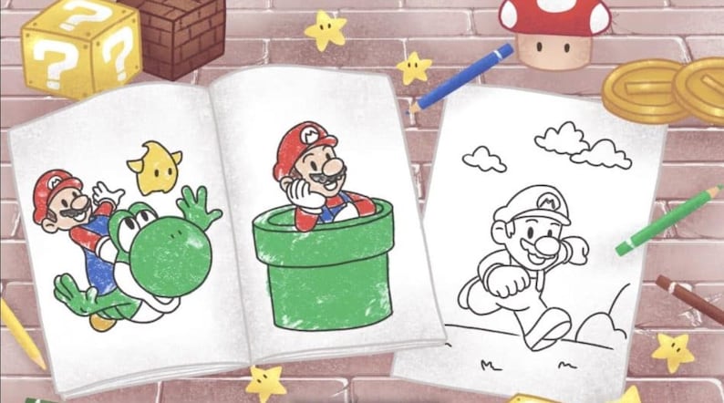 Pode incluir: Um livro para colorir com tr&ecirc;s imagens diferentes de personagens do Mario. A primeira imagem mostra o Mario montando o Yoshi, a segunda imagem mostra o Mario em um cano verde e a terceira imagem mostra o Mario correndo.