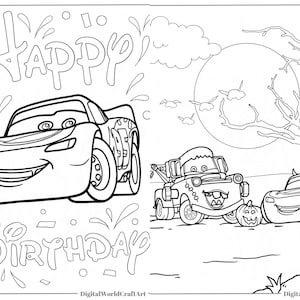 May include: A black and white coloring page featuring the characters Lightning McQueen and Mater from the Disney Pixar Cars movie. The characters are dressed up for Halloween and the page includes the text "Happy Birthday".