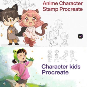 May include: Digital art featuring anime-style characters. The top half shows two characters with cat ears and tails, and the text "Anime Character Stamp Procreate." The bottom half shows a child with a frog hat and the text "Character kids Procreate."