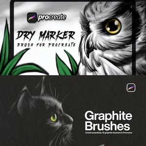 Op de afbeelding: Digitale kunstpenselen voor Procreate. De bovenste helft toont een uil-illustratie met de tekst "DRY MARKER BRUSH FOR PROCREATE". De onderste helft toont een zwarte kat-illustratie met de tekst "Graphite Brushes".