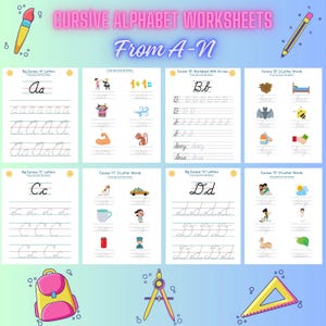 Cursive Alphabet Worksheets (From A-N)  Practice Worksheets for Kids, Printable Cursive Alphabet Letter Tracing, 140Pages of Cursive Writing