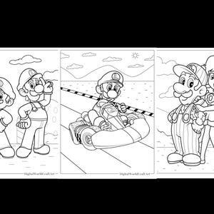 Pode incluir: Uma p&aacute;gina para colorir em preto e branco com tr&ecirc;s cenas diferentes com personagens do Mario. A primeira cena mostra dois personagens do Mario de p&eacute; um ao lado do outro. A segunda cena mostra um personagem do Mario dirigindo um kart. A terceira cena mostra um personagem do Mario e a princesa Peach de p&eacute; juntos.