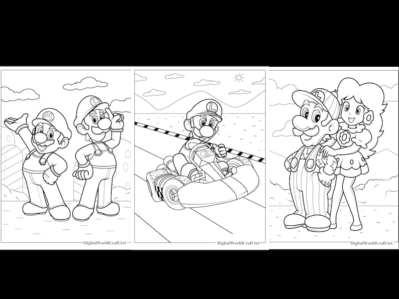Pode incluir: Uma p&aacute;gina para colorir em preto e branco com tr&ecirc;s cenas diferentes com personagens do Mario. A primeira cena mostra dois personagens do Mario de p&eacute; um ao lado do outro. A segunda cena mostra um personagem do Mario dirigindo um kart. A terceira cena mostra um personagem do Mario e a princesa Peach de p&eacute; juntos.
