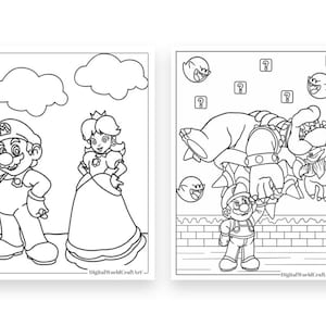 Pode incluir: P&aacute;gina para colorir em preto e branco com Mario e a Princesa Peach &agrave; esquerda e Mario lutando contra Bowser &agrave; direita. A p&aacute;gina para colorir inclui uma variedade de personagens e objetos da s&eacute;rie de videogames Super Mario Bros.
