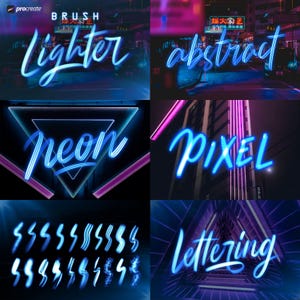 May include: A digital art image showcasing neon-style lettering and brush strokes. The words "Lighter," "Abstract," "Neon," "Pixel," and "Lettering" are displayed in vibrant blue, along with various brush stroke examples. The image also includes the text "Procreate" and "Brush."