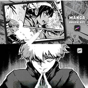 Puede incluir: Ilustración digital de arte manga en una tableta con un lápiz óptico. La imagen presenta paneles de manga en blanco y negro y el texto "MANGA BRUSH SET". La mitad inferior muestra un primer plano de un personaje de manga.