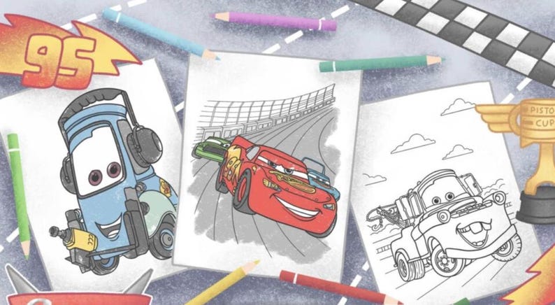 May include: Three black and white coloring pages featuring characters from the Cars movie franchise. The first page features Mater, the second page features Lightning McQueen, and the third page features a tow truck.