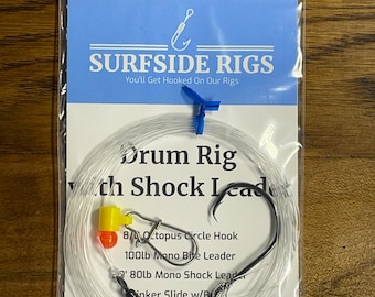 2 Drum Rigs with 20' Shock Leader, Puppy Drum, Redfish, Surf Fishing Rigs (Hatteras Style), Fish Finder Rig