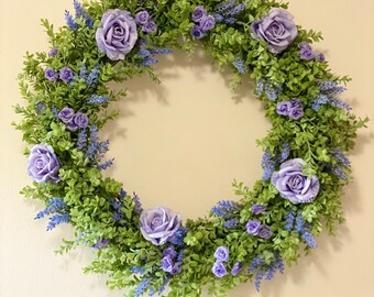 Mothers Day Gift-Purple Rose Wreath-Lavender-Floral Home Decor-Personalized Mothers Day-Bright Greenery-Versatile Wreath-Oversize Wall-Mom