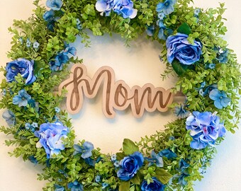 Blue Hydrangea Blossom Wreath-Blue Forget Me Not Wreath-Blue Dogwood-Floral Home Decor-Personalized Mothers Day-Oversize American Boxwood