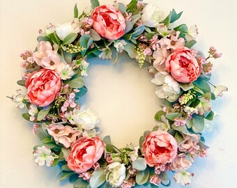 All Season Year Round Lamb’s Ear Wreath-Lamb Ear Dogwood Cherry Blossom-Pink Peonies Wreath-Light Pink Wreath-Classic Home Decor-Spring Gift