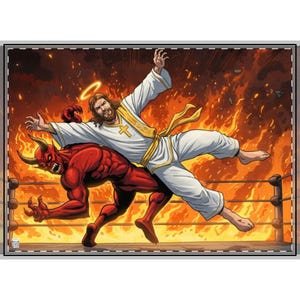 Könnte beinhalten: Eine digitale Illustration eines Wrestling-Matches zwischen Jesus und dem Teufel. Jesus trägt eine weiße Robe mit einem goldenen Gürtel und einem Heiligenschein. Der Teufel ist rot mit Hörnern und einem Schwanz. Der Hintergrund ist feurig orange.