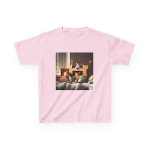 Camiseta de aventura com gatinhos arco-íris em um castelo de papelão, camiseta de algodão divertida para crianças, presente divertido para aniversários, roupa para amantes de animais
