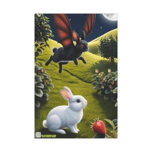 May include: A black rabbit with red wings flies over a white rabbit in a field of green grass and strawberry plants. The moon is visible in the night sky.