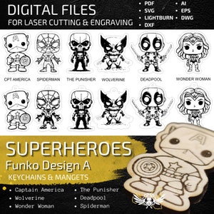 Superhelden Funko sleutelhanger en magneet - ontwerp A - bestand voor lasersnijden