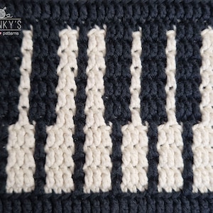 May include: Close-up of a crocheted piano keyboard pattern in black and white yarn. The pattern is made with a series of vertical stripes, creating the look of piano keys.