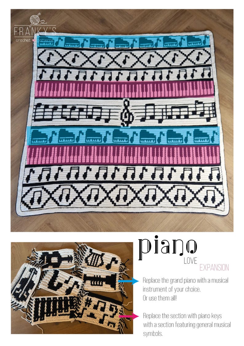 May include: A crochet pattern for a piano-themed blanket. The pattern features musical notes, piano keys, and a treble clef. The pattern is available in black and white, with the option to customize the colors. The pattern is called "Piano Love Expansion".