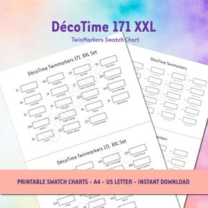 May include: Printable swatch charts for DécoTime 171 XXL TwinMarkers. The charts are labeled with color names and numbers, including Wine Red, Burgundy, and Orange Flames. The text "PRINTABLE SWATCH CHARTS - A4 - US LETTER - INSTANT DOWNLOAD" is also visible.
